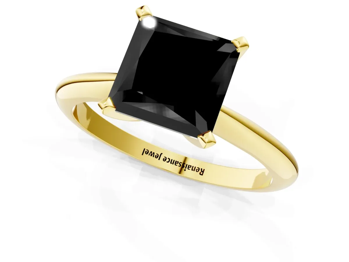 Fancy Black Princess Cut Diamond Solitaire Engagement Ring with Classic Band and Four-Prong Setting Yellow gold