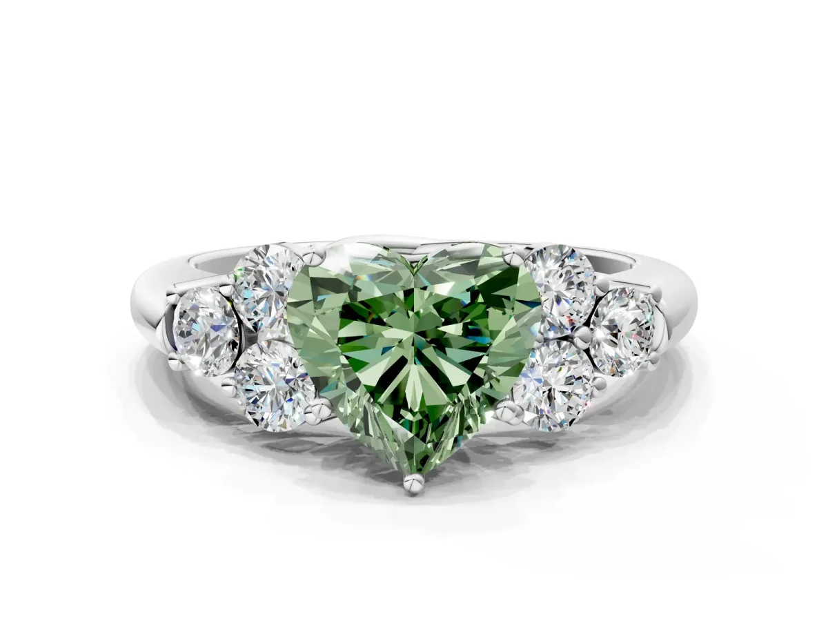 Fancy Green Heart Cut Cut Diamond Cluster Ring with Round Accent Stones and Prong Setting on a Classic Band Platinum