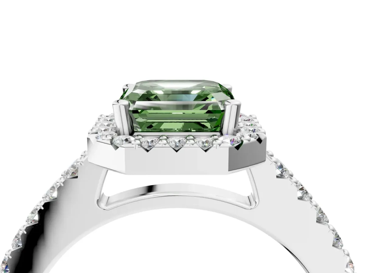 Fancy Green Asscher Cut Halo Diamond Pavé Solitaire Ring Silver