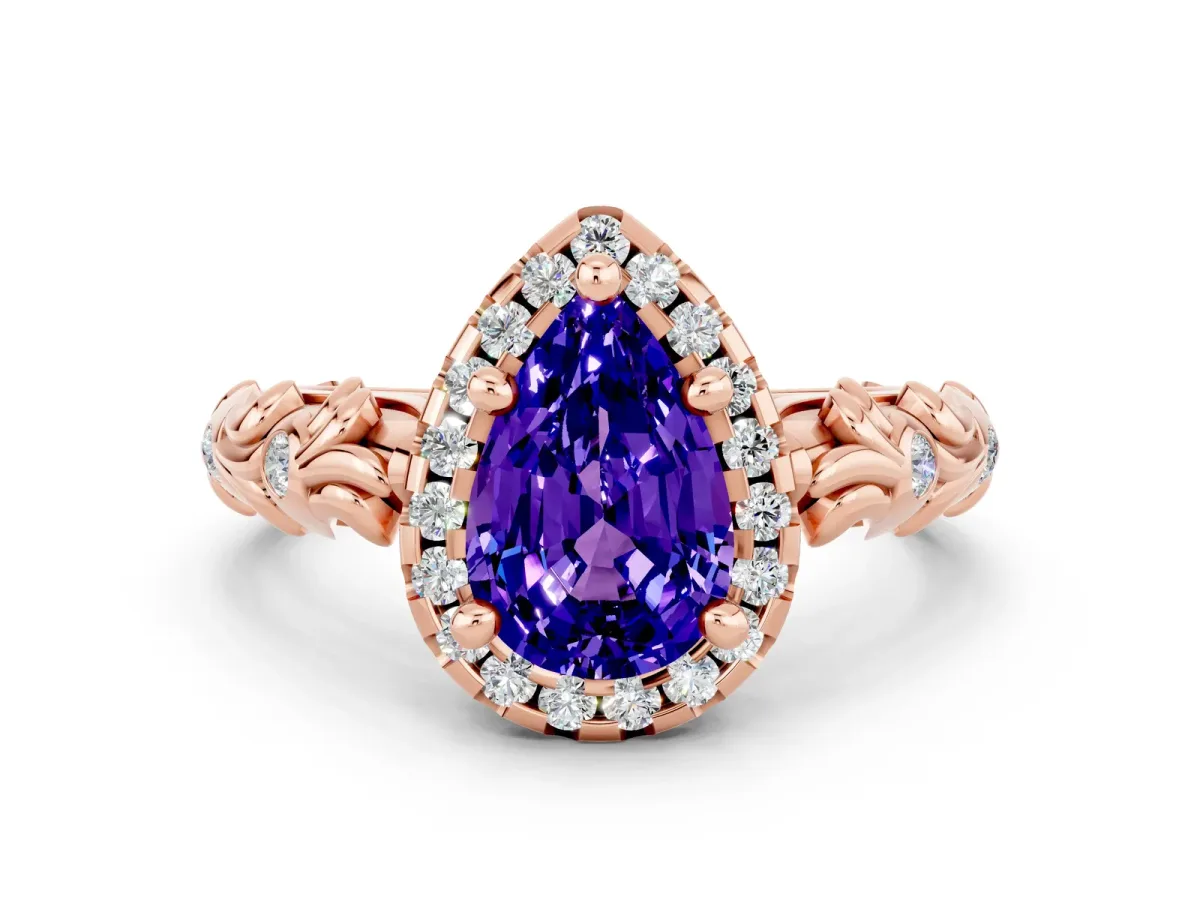 Pear Cut Tanzanite Halo Ring with Filigree Band and Prong Setting Rose gold