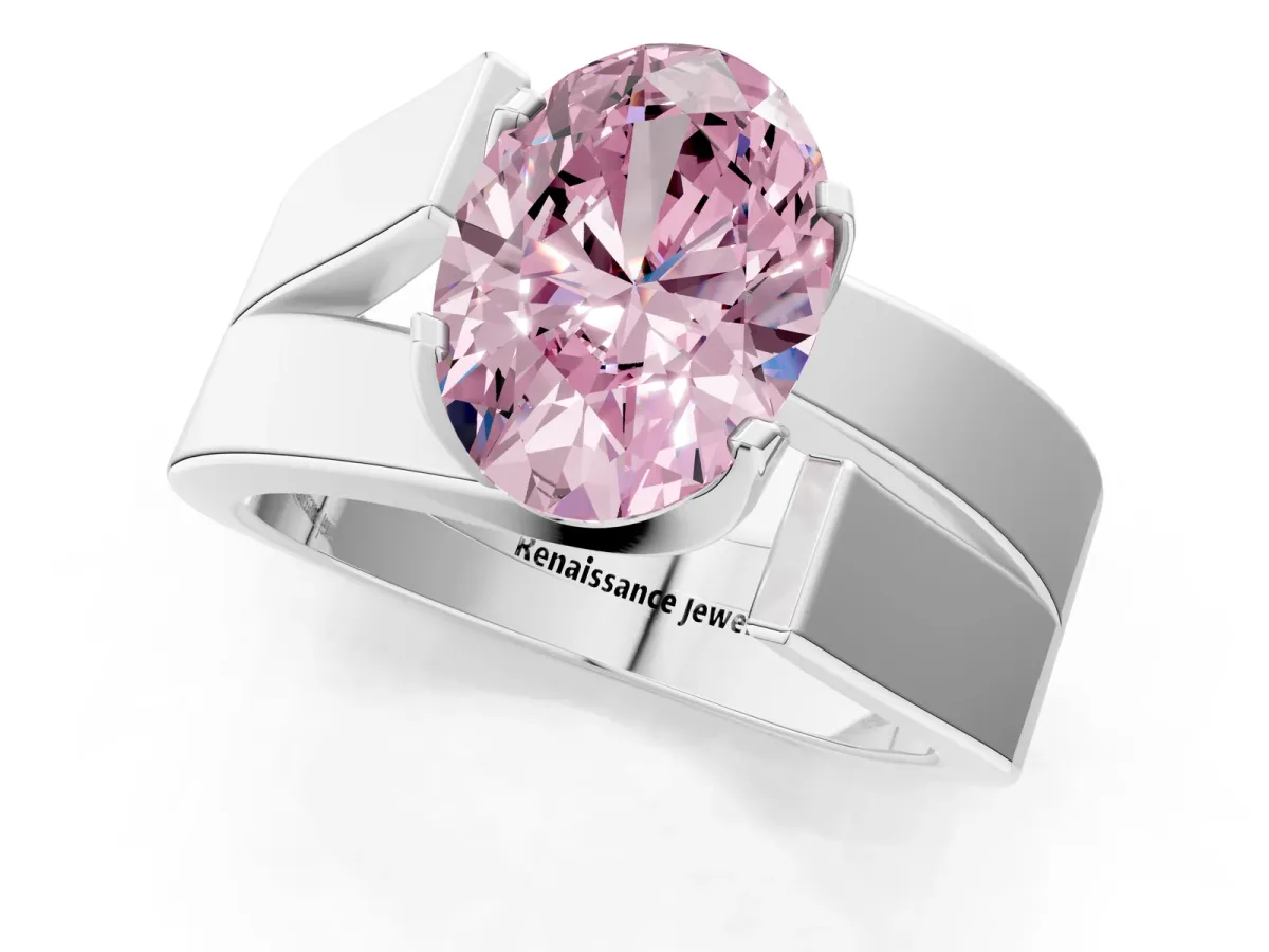 Fancy Pink Modern Tension Set Oval Cut Diamond Solitaire Wide Band Ring Platinum