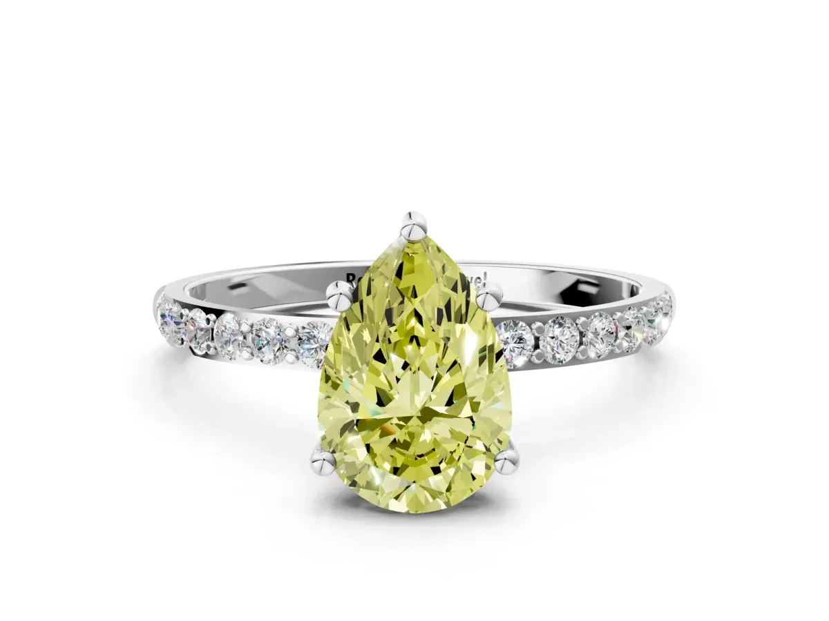 Fancy Yellow Pear Cut Diamond Solitaire Ring with Round Pavé Shoulders and Prong Setting White gold