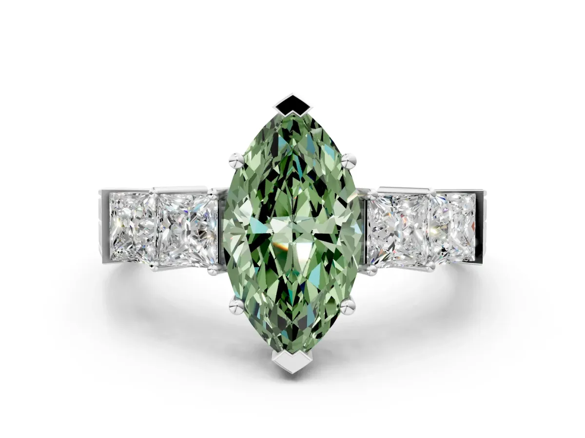 Fancy Green Marquise Cut Solitaire Princess Side Stone Engraved Band Prong Setting Ring Platinum