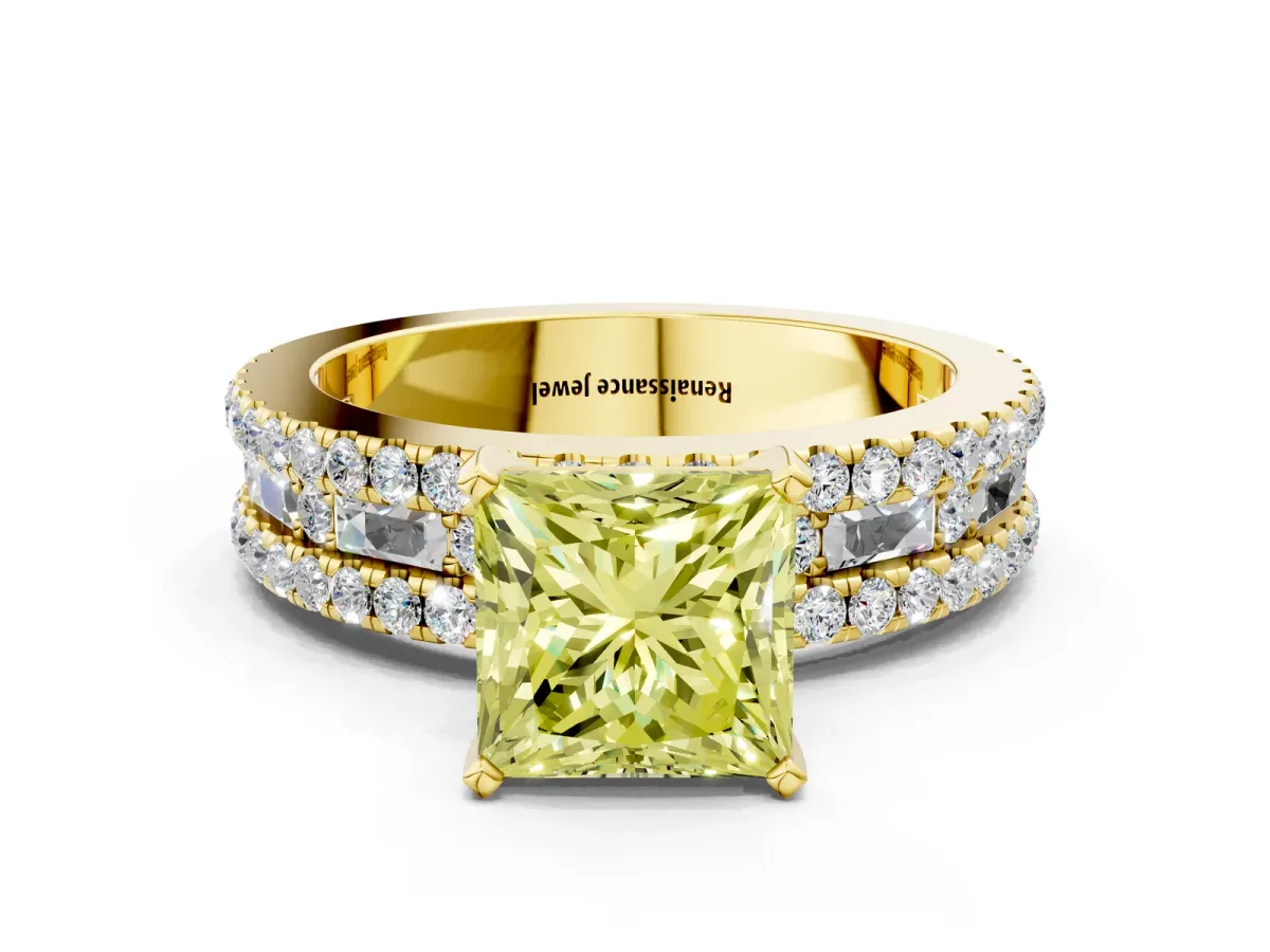 Fancy Yellow Princess Cut Diamond Solitaire Ring with Pavé and Channel Set Band Yellow gold