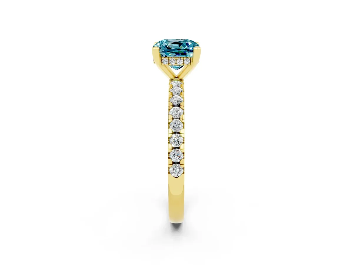 Cushion Cut Blue Topaz Solitaire Ring with Round Pavé Band and Four-Prong Setting Yellow gold