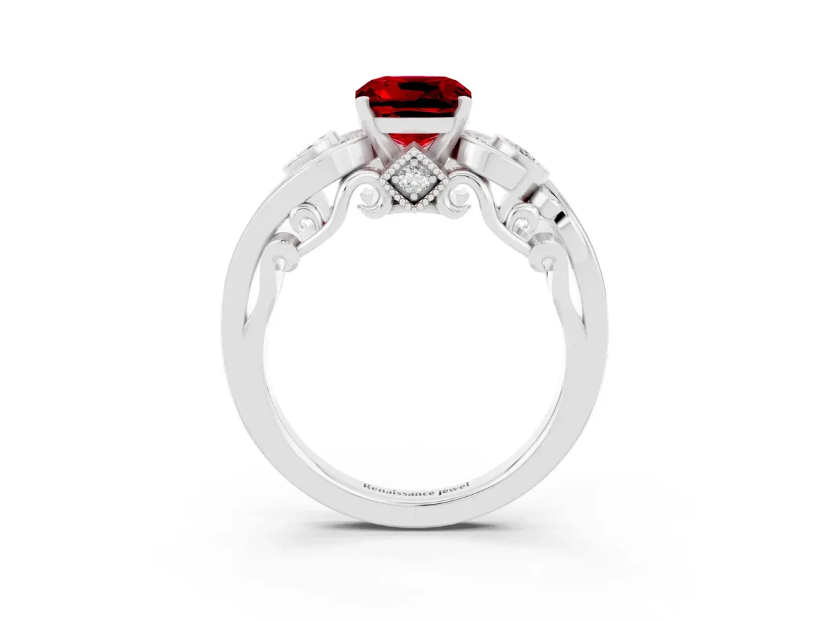 Cushion Cut Ruby Solitaire Ring with Milgrain Pavé Band and Four-Prong Setting Platinum