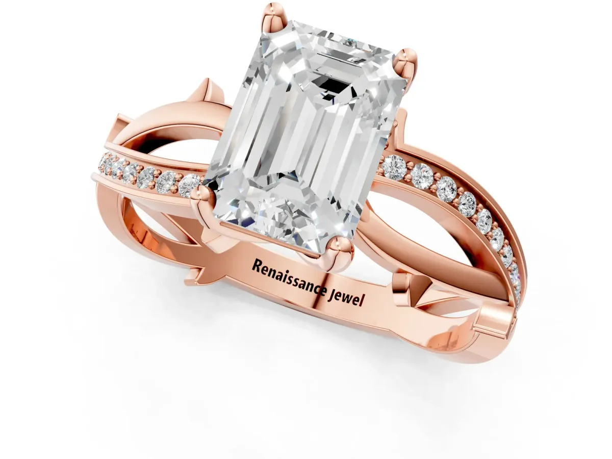 Emerald Cut Solitaire Twist Band with Pavé Accents and Four-Prong Setting Rose gold