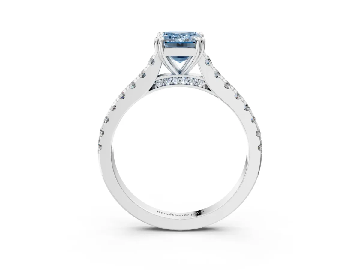 Fancy Blue Emerald Cut Solitaire Pave Diamond Engagement Ring with Prong Setting White gold