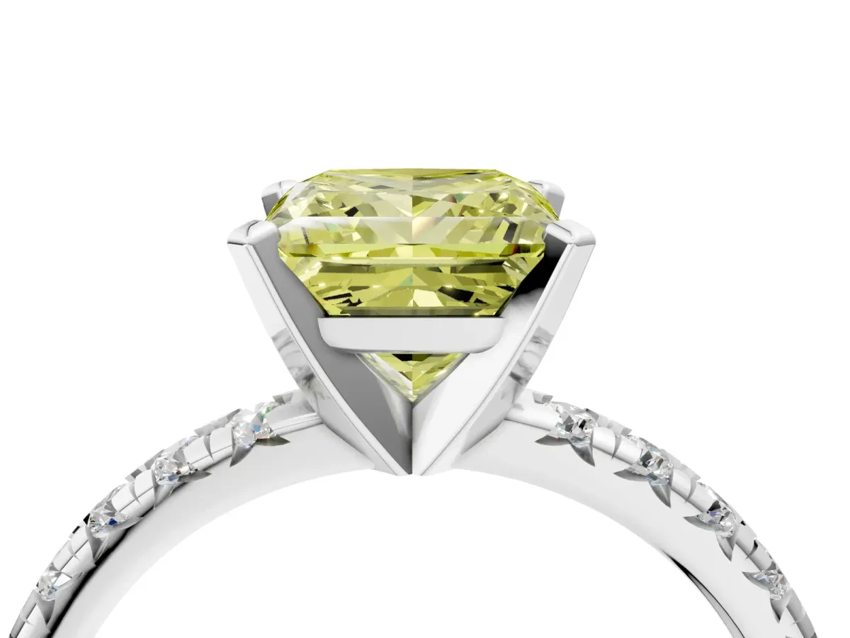 Fancy Yellow Princess Cut Diamond Solitaire Pavé Engagement Ring with Round Band and Prong Setting White gold