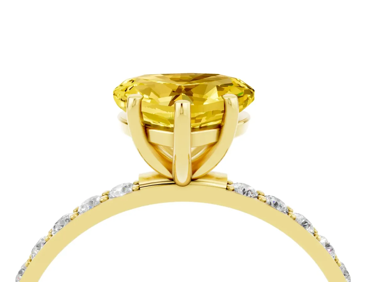 Heart Cut Yellow Sapphire Solitaire Ring with Round Pavé Band and Prong Setting Yellow gold