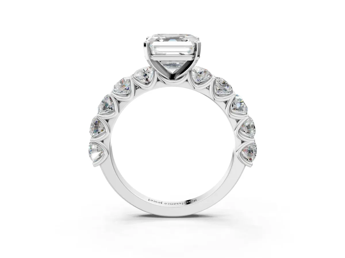 Asscher Cut Diamond Prong Setting with Side Stones on a Pave Band Silver