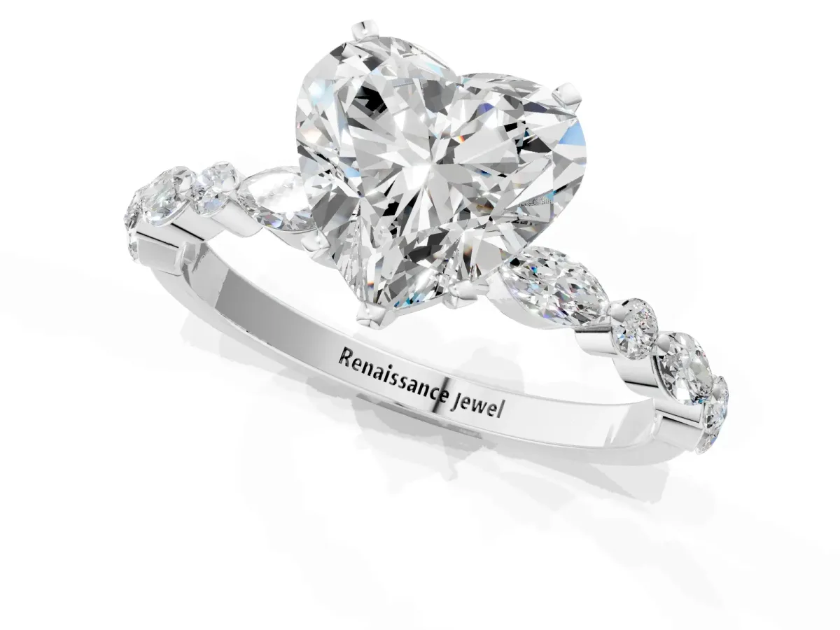 Heart Cut Diamond Ring with Marquise and Round Moissanite Side Stones and Four-Prong Setting Platinum