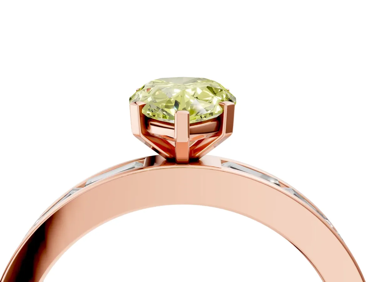 Fancy Yellow Pear Cut Solitaire Diamond Ring with Channel-Set Baguette Band and Four-Prong Setting Rose gold