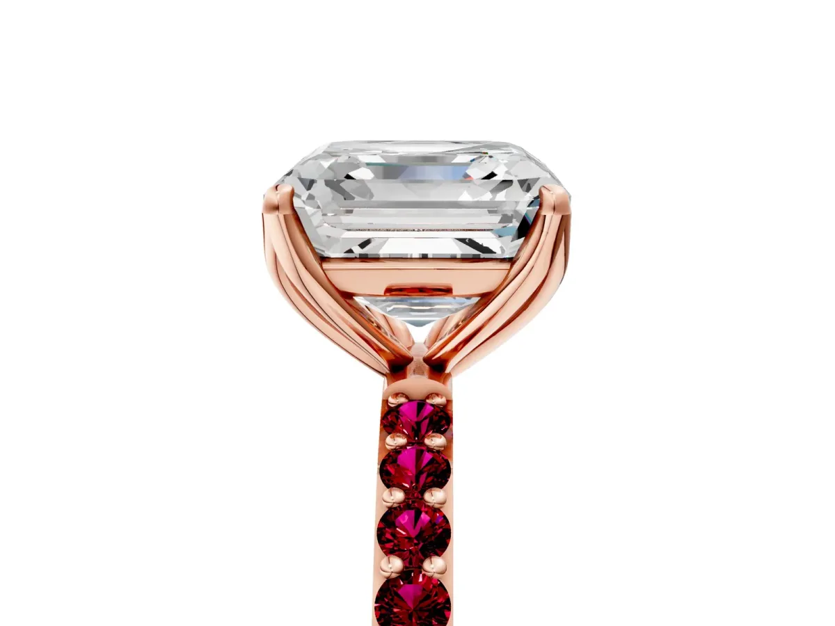 Asscher Cut Diamond Solitaire Engagement Ring with Round Garnet Pavé Band and Prong Setting Rose gold
