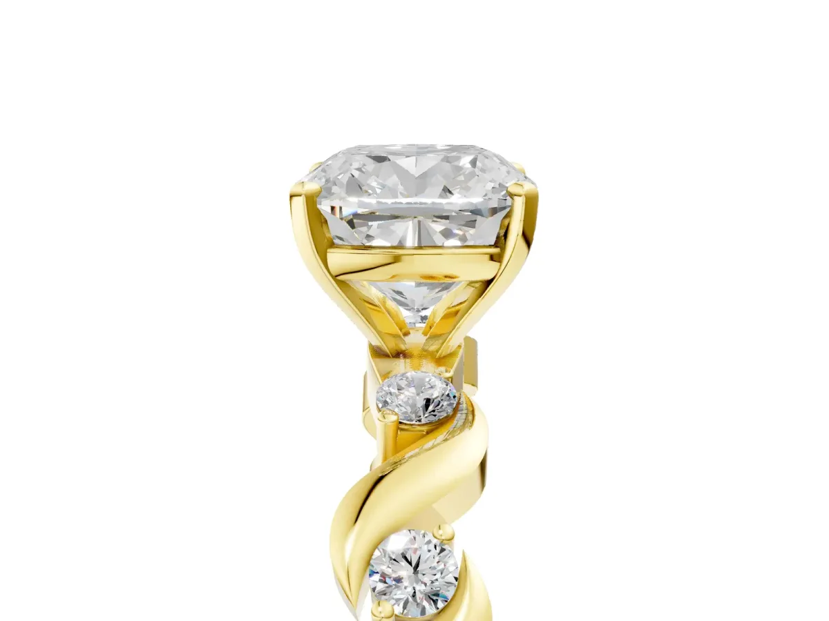 Cushion Cut Diamond Solitaire Twisted Band with Round Accents and Prong Setting Yellow gold