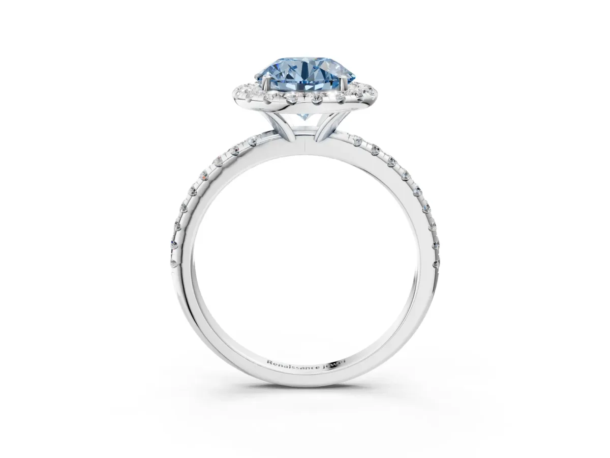 Fancy Blue Round Cut Diamond Halo Ring with Round Pavé Band and Prong Setting Platinum