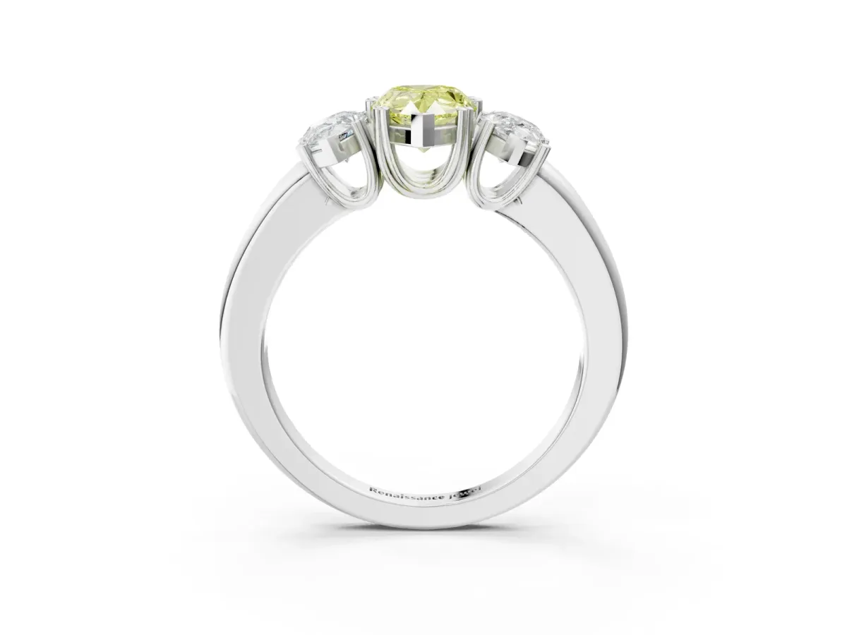 Fancy Yellow Three-Stone Pear Cut Cut Diamond Ring with Channel Set Band and Four-Prong Setting Silver