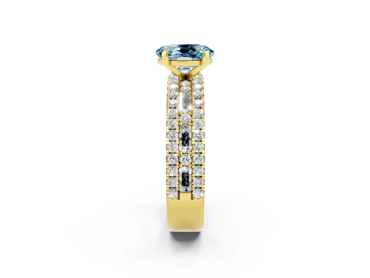 Oval Cut Aquamarine Solitaire Ring with Pavé and Channel Set Band Yellow gold