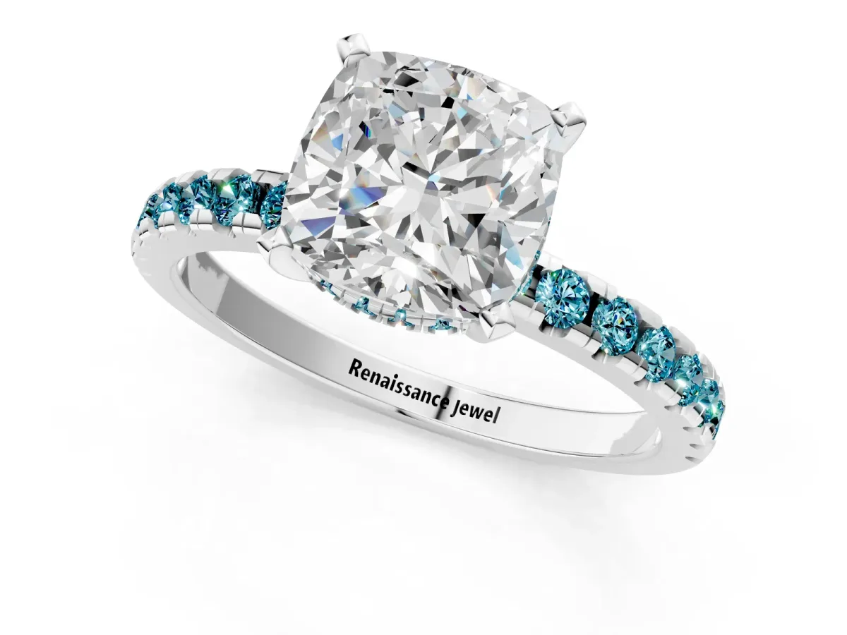 Cushion Cut Diamond Solitaire Ring with Round Blue Topaz Pavé Band and Four-Prong Setting White gold