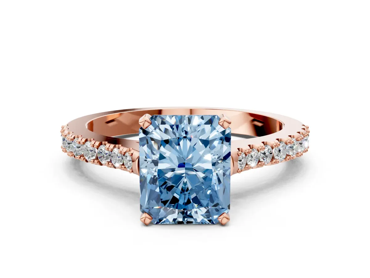 Fancy Blue Radiant Cut Cut Solitaire Diamond Engagement Ring with Pave Band and Four-Prong Setting Rose gold