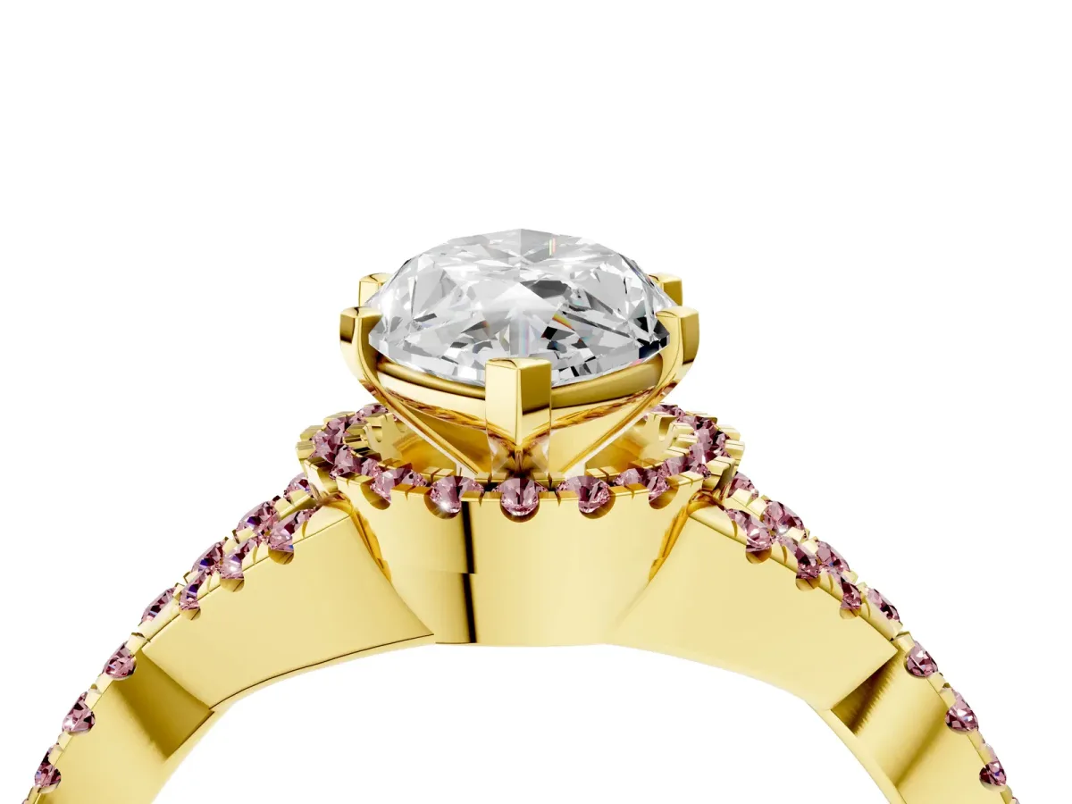 Heart Cut Diamond Morganite Halo Twist Band Solitaire Prong Setting Ring Yellow gold