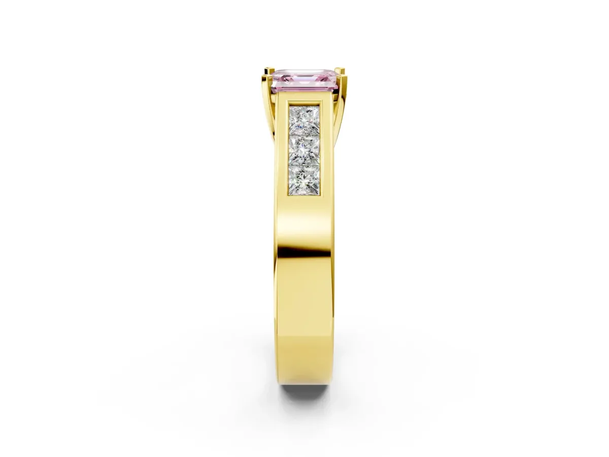 Fancy Pink Asscher Cut Cut Channel Set Solitaire Ring with Four-Prong Setting Yellow gold
