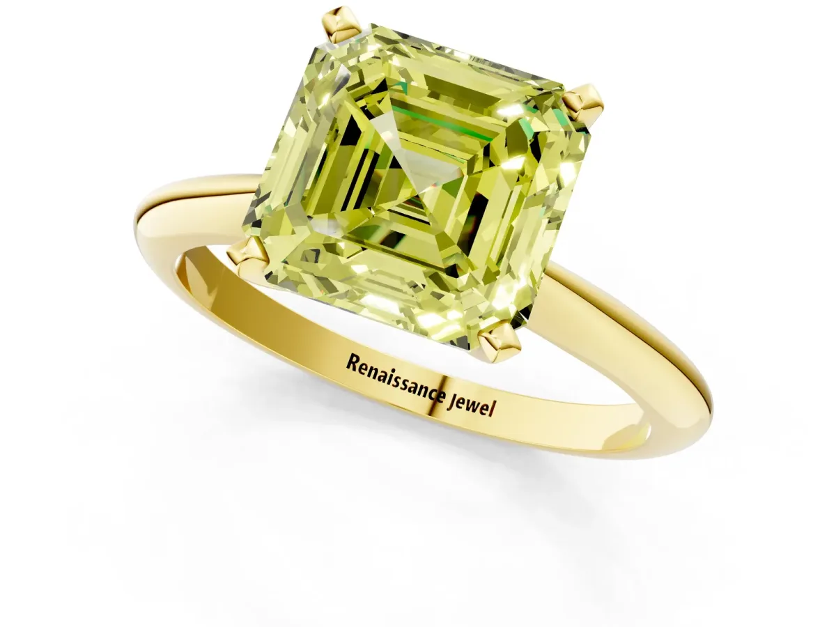 Fancy Yellow Asscher Cut Diamond Solitaire Engagement Ring with Classic Band and Four-Prong Setting Yellow gold