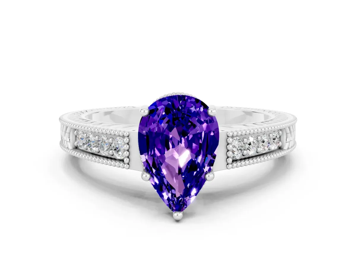 Pear Cut Tanzanite Ring with Milgrain Pavé Band and Four-Prong Setting Platinum