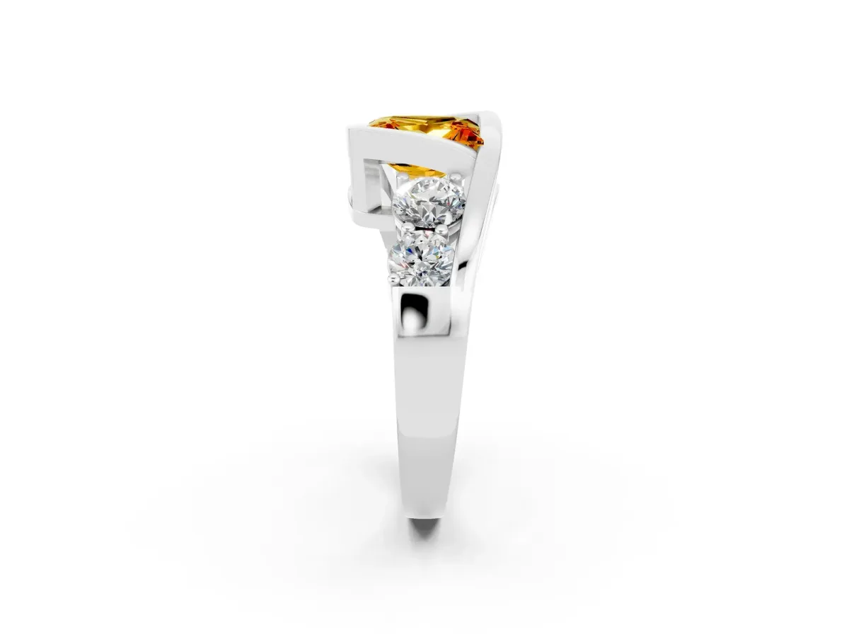 Bezel Set Princess Cut Citrine Bypass Ring with Round Accents Platinum