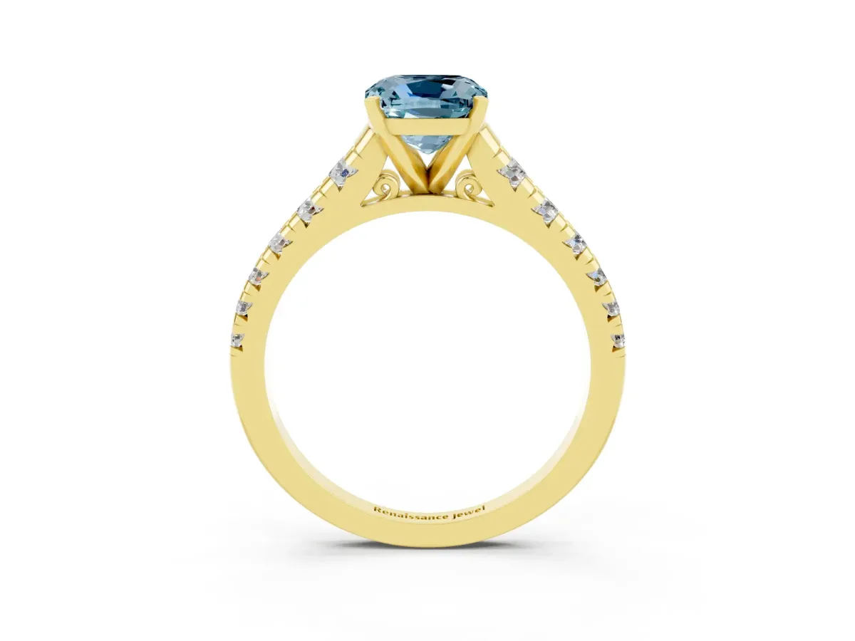 Cushion Cut Aquamarine Cathedral Solitaire Ring with Round Pavé Band Yellow gold