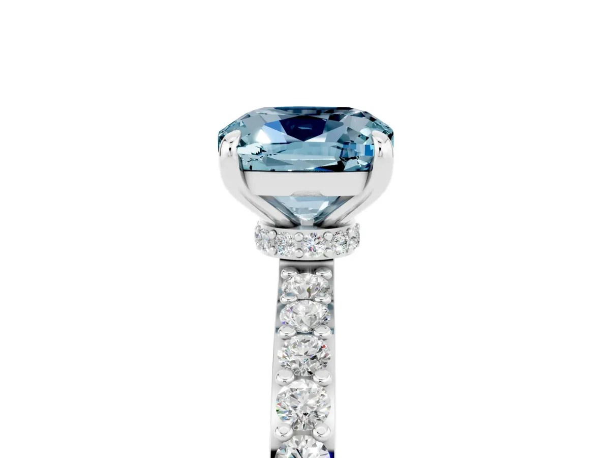 Cushion Cut Aquamarine Pavé Engagement Ring with Round Accents and Prong Setting Platinum