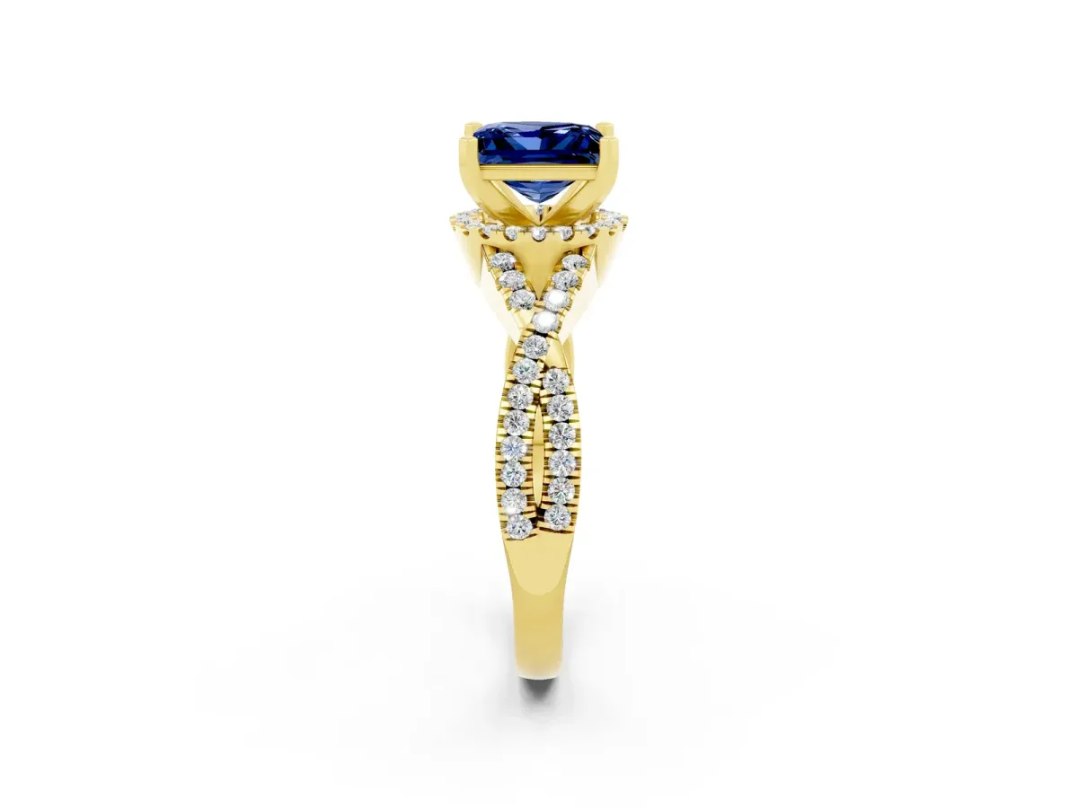Princess Cut Blue Sapphire Halo Twist Band Solitaire Prong Setting Ring Yellow gold