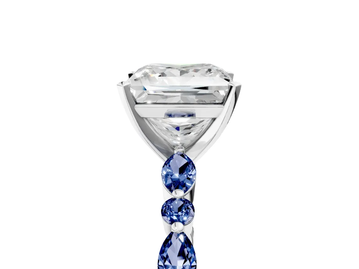 Princess Cut Diamond Ring with Marquise and Round Blue Sapphire Side Stones and Four-Prong Setting White gold