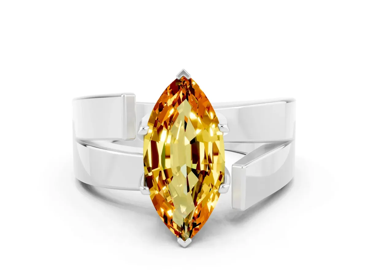 Modern Tension Set Marquise Cut Citrine Solitaire Wide Band Ring Silver