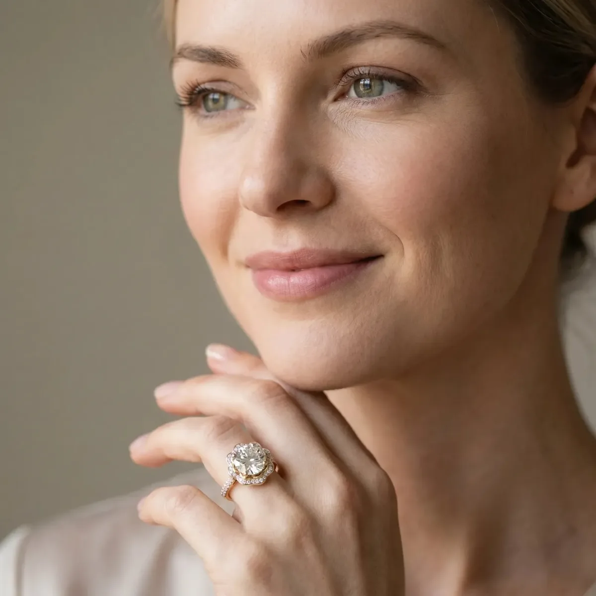 Round Cut Halo Diamond Floral Pave Band Ring with Four-Prong Setting Yellow gold
