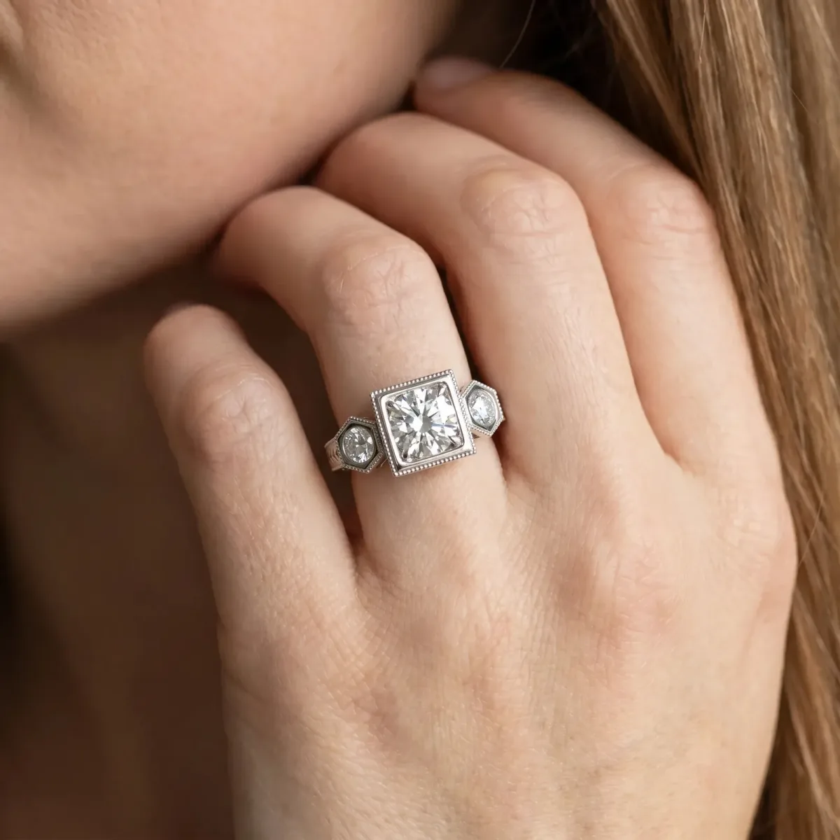 Bezel-Set Princess and Round Cut Milgrain Band Ring Silver