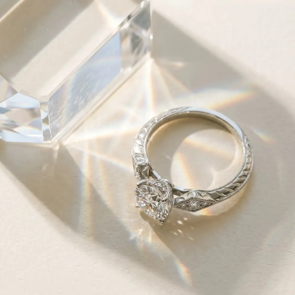 Round Cut Solitaire Diamond Ring with Milgrain Band and Four-Prong Setting Silver