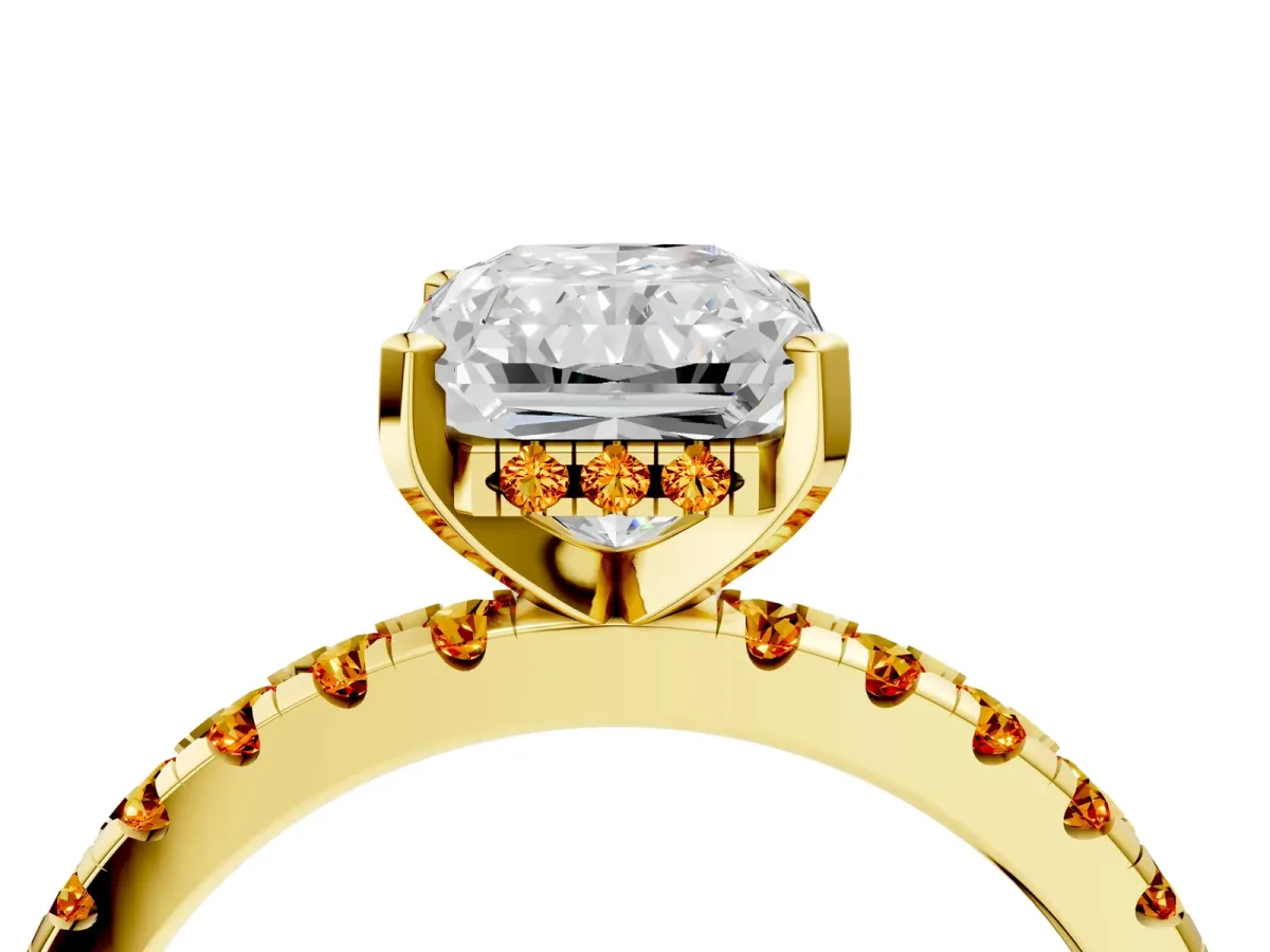 Radiant Cut Diamond Solitaire Ring with Round Citrine Pavé Band and Four-Prong Setting Yellow gold
