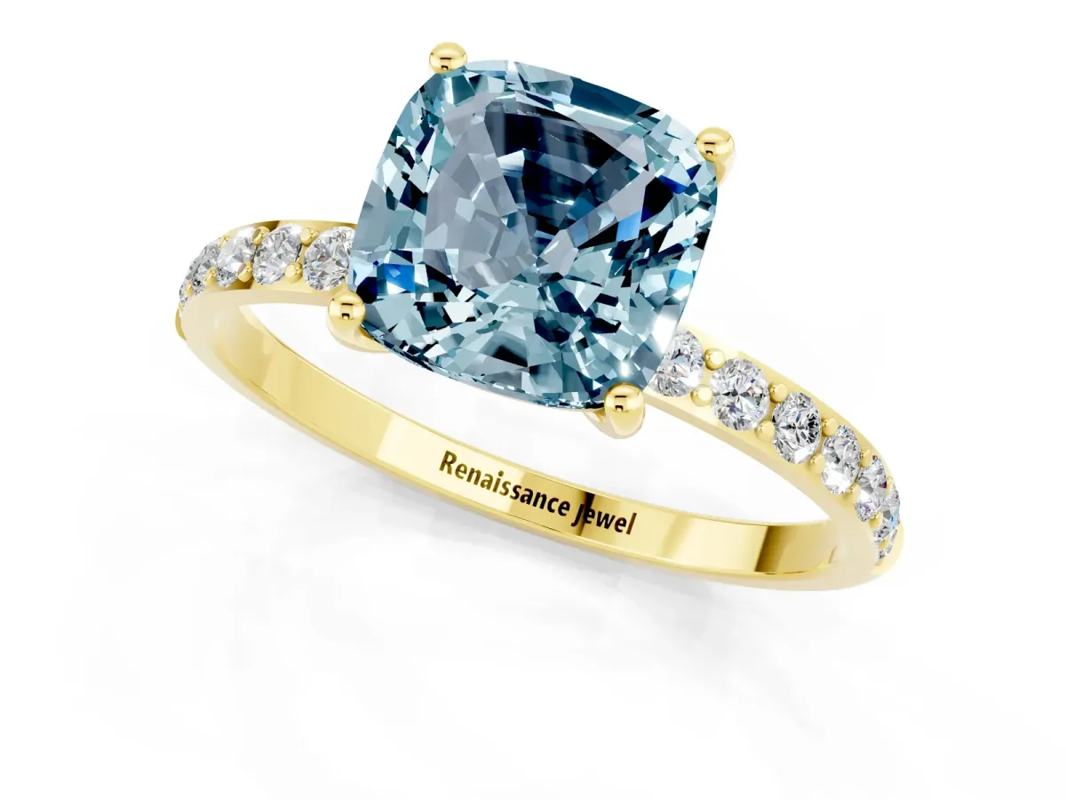 Cushion Cut Aquamarine Solitaire Ring with Round Pavé Band and Prong Setting Yellow gold