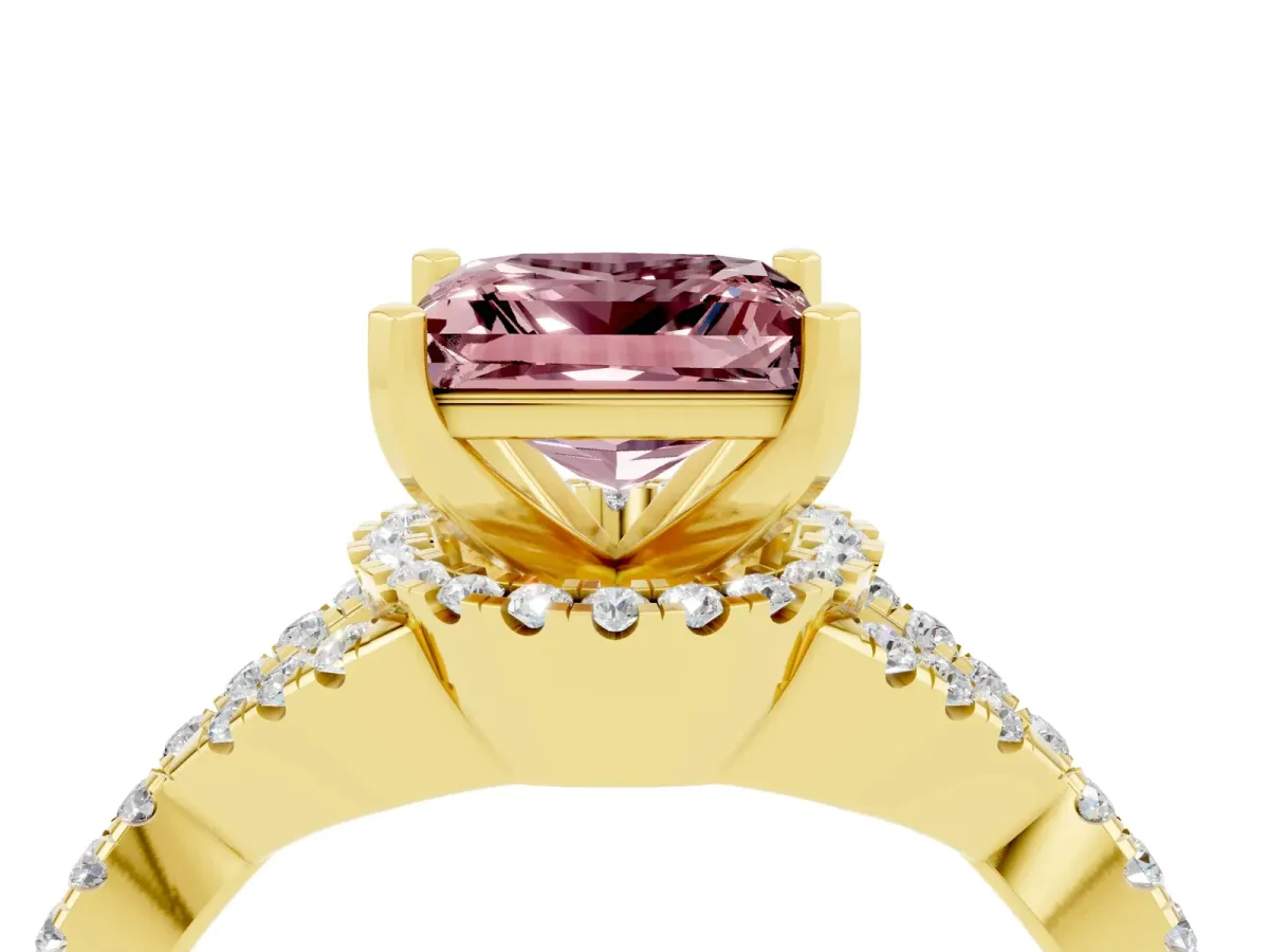 Princess Cut Morganite Halo Twist Band Solitaire Prong Setting Ring Yellow gold