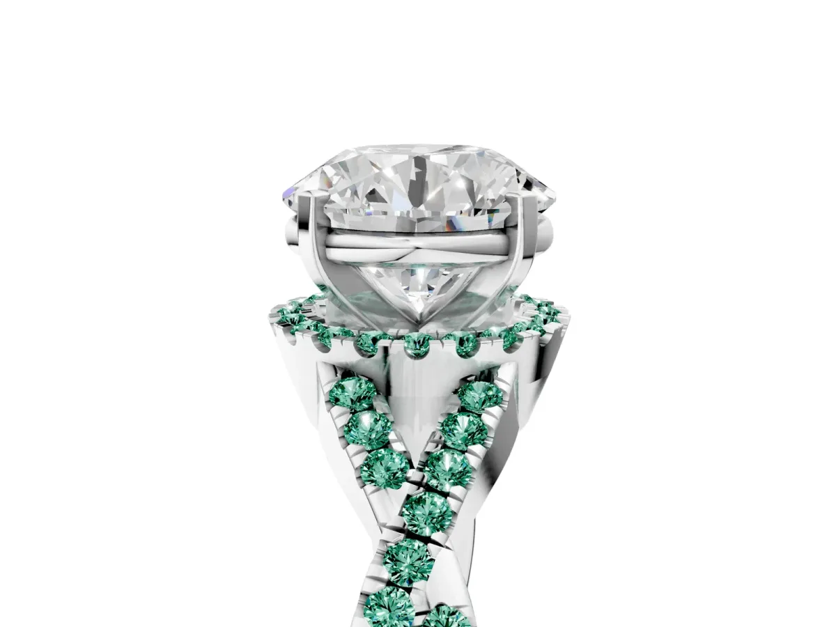 Round Cut Diamond Green Sapphire Halo Twist Band Solitaire Prong Setting Ring White gold
