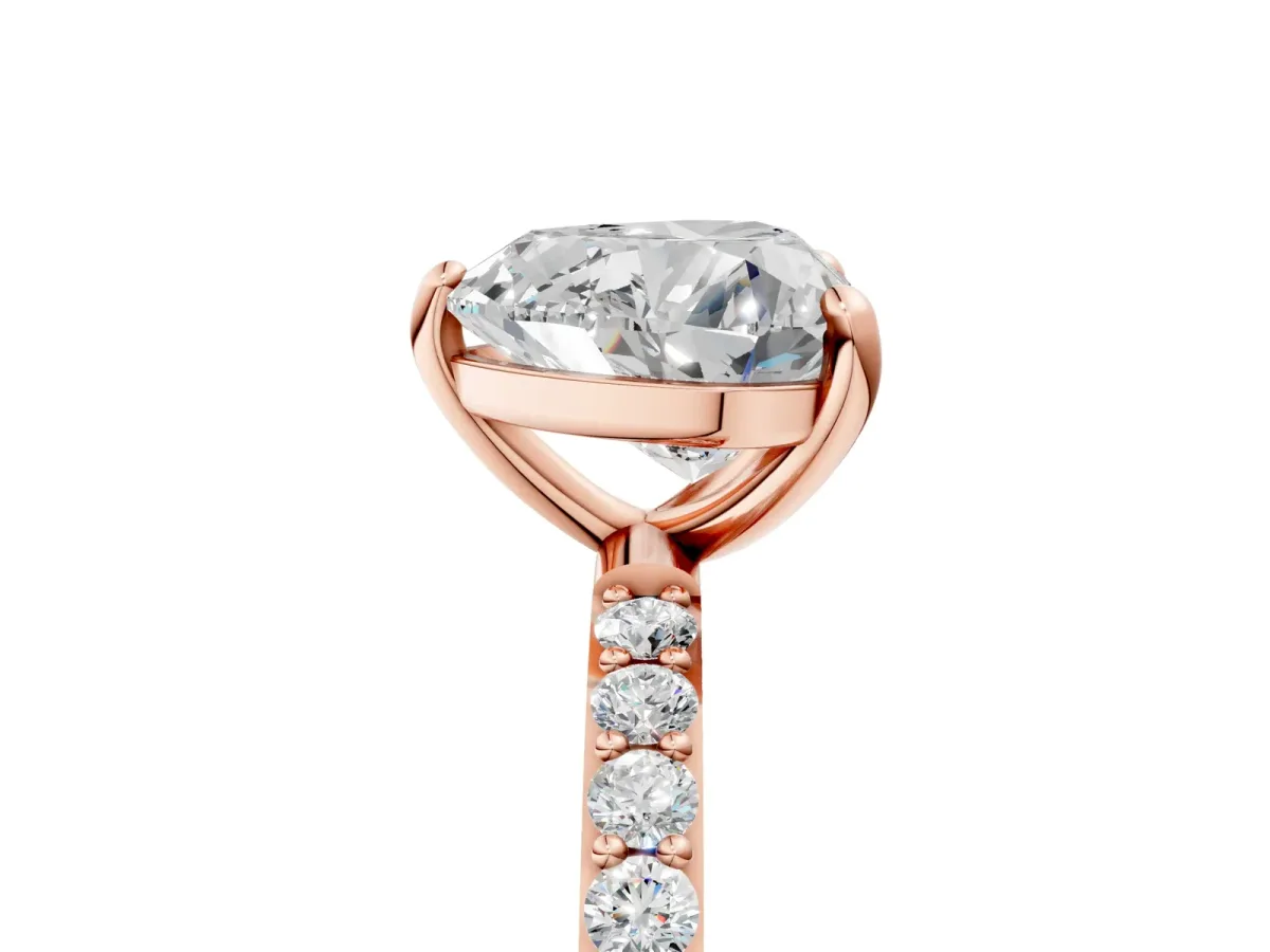 Heart Cut Diamond Solitaire Ring with Round Moissanite Pavé Band and Prong Setting Rose gold
