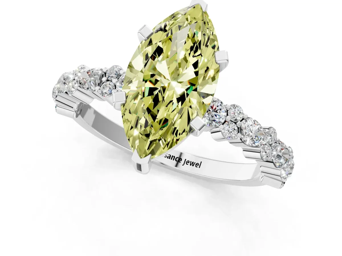 Fancy Yellow Marquise Cut Diamond Side Stone Solitaire Ring with Round and Four-Prong Setting Platinum