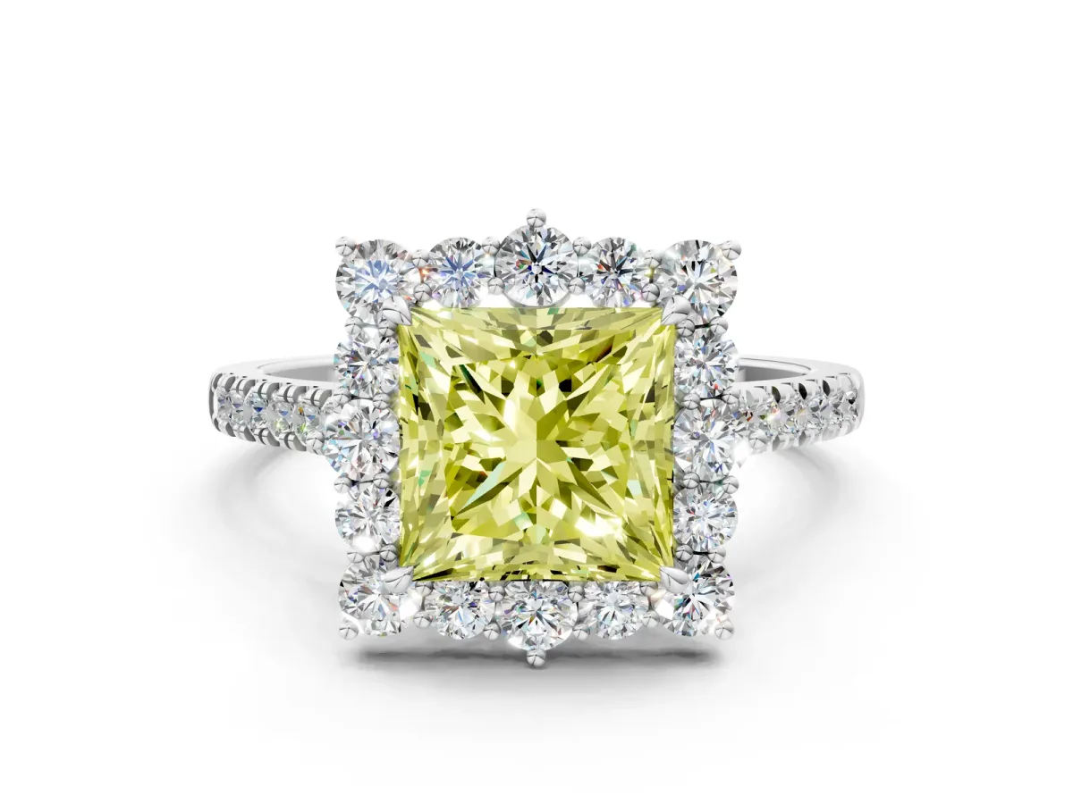 Fancy Yellow Princess Cut Halo Diamond Ring with Pavé Band and Prong Setting White gold