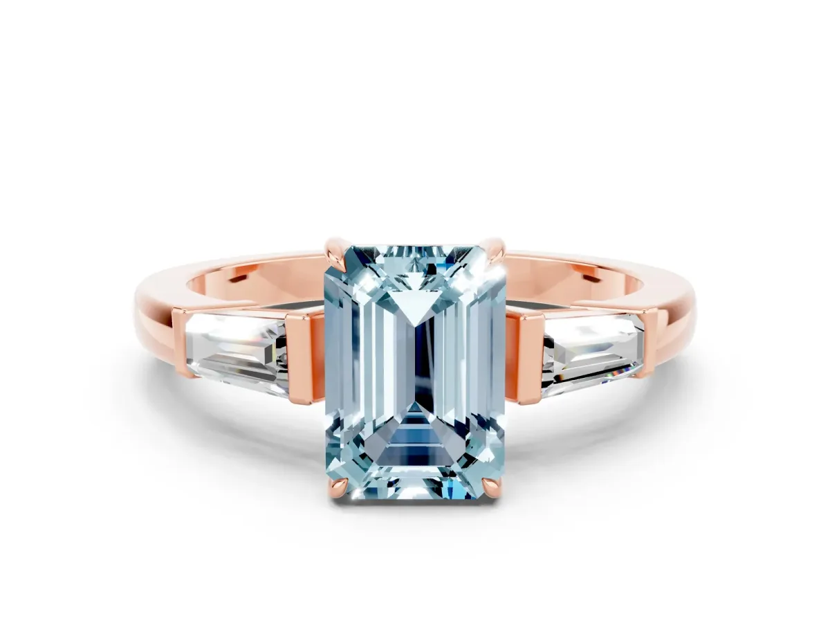 Emerald Cut Aquamarine Three-Stone Ring with Tapered Baguette Side Stones and Prong Setting Rose gold