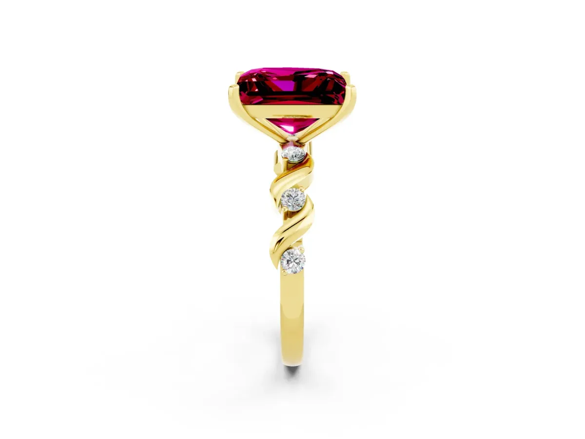 Princess Cut Garnet Solitaire Twisted Band with Round Accents and Prong Setting Yellow gold