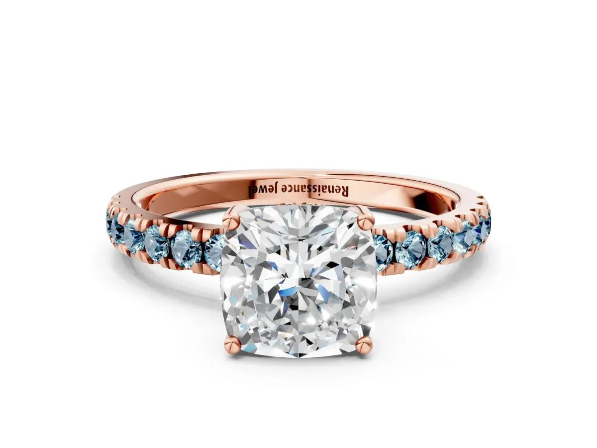 Cushion Cut Diamond Pave Band Solitaire Ring with Round Aquamarine and Prong Setting Rose gold