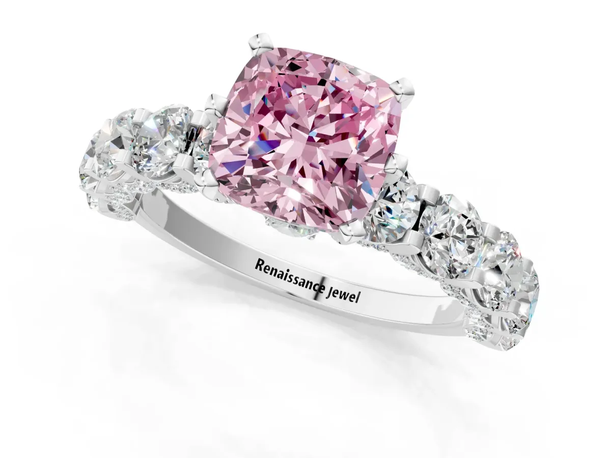 Fancy Pink Cushion Cut Diamond Side Stone Engagement Ring with Four-Prong Setting Silver