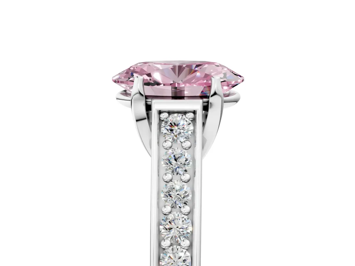 Fancy Pink Oval Cut Brilliant Cut Diamond Engagement Ring with Pavé Band and Four-Prong Setting Platinum