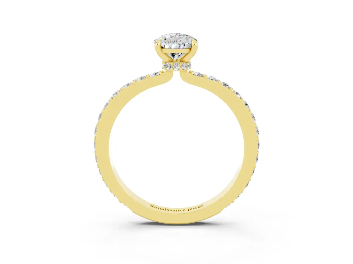 Pear Cut Moissanite Solitaire Engagement Ring with Pavé Band and Four-Prong Setting Yellow gold